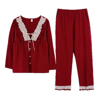 情侣春秋季纯棉红色结婚睡衣