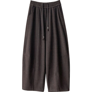 日韩系老钱风糯米羊绒毛呢料弯刀阔腿裤女秋冬加绒厚气球休闲裤子