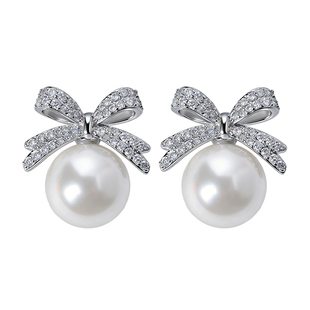 蝴蝶结珍珠耳钉女款2025新款爆款澳白12mm高级感轻奢质感气质纯银