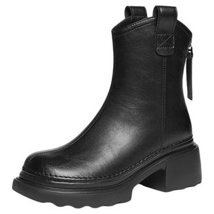 红蜻蜓厚底短靴女款2025冬季新款女鞋粗跟黑色瘦瘦靴高跟烟筒靴子