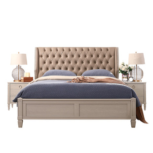 美式轻奢浅灰色红橡木全实木床真牛皮软靠包气压高箱储物床1.8米