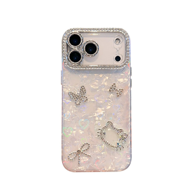 蝴蝶领结镂空KT猫手机壳适用iPhone16promax全包苹果18贝壳纹硬壳15plus领结水钻17女款高级感时尚保护套防摔