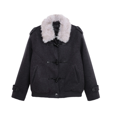 荒荒家 可拆卸毛领夹棉加厚外套2025冬季新款保暖牛角扣呢大衣女