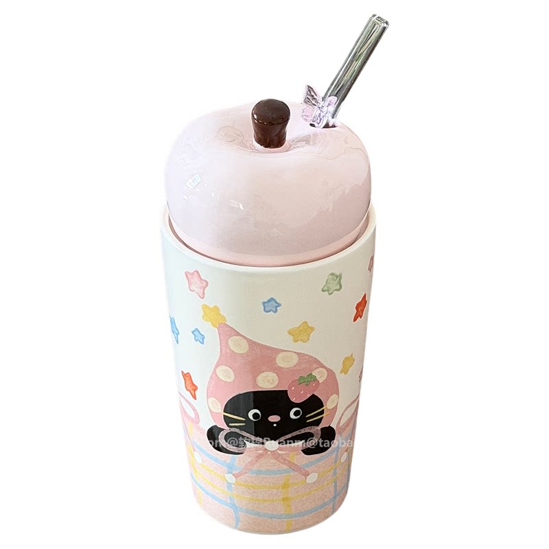 可爱小猫星星苹果陶瓷吸管杯