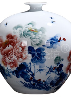 手绘五彩牡丹花圆球中式客厅摆件