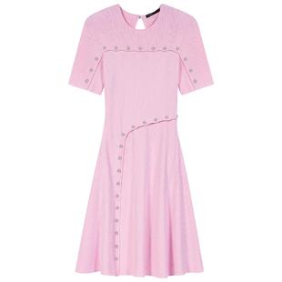 Maje秋冬女装法式粉色纽扣装饰开叉圆领修身显瘦短款针织连衣裙