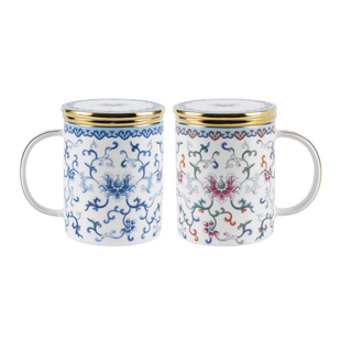 高淳陶瓷锦绣茶水杯中式家用骨瓷带盖滤茶杯办公喝茶水杯送礼茶杯