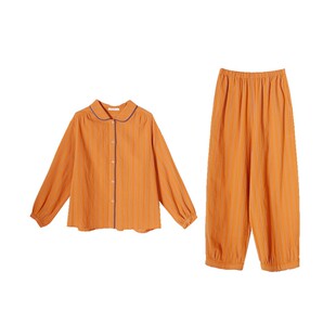 朵朵可可睡衣女2025秋冬纯棉色织条纹翻领长袖长裤宽松家居服套装
