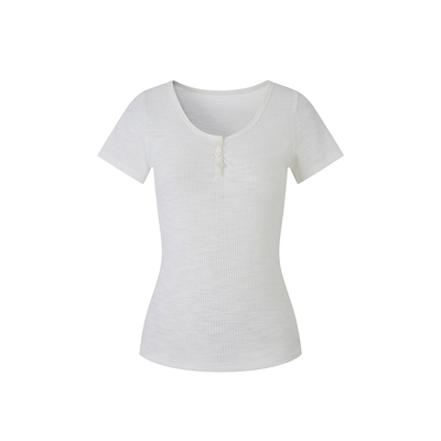 paosweet华夫格实穿亨利领短袖T