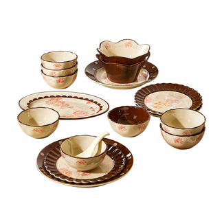 原创复古陶瓷碗碟餐具碗盘家用2026新款好看的米饭碗花韵盘子菜盘