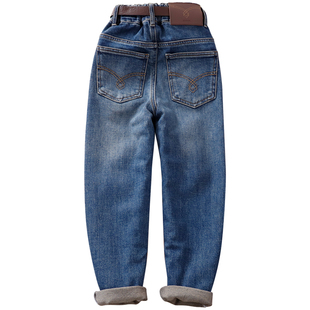 男童蓝色瘦版加绒牛仔裤中大童秋冬裤子儿童一体绒修身小脚裤长裤