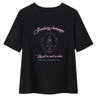 PSO Brand女装复古标语薄款圆领正肩短袖女t恤修身收腰休闲上衣