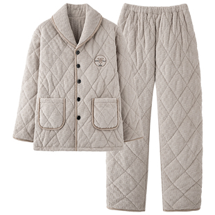 浪莎睡衣男款冬季珊瑚绒三层夹棉袄冬天加厚保暖法兰绒家居服套装