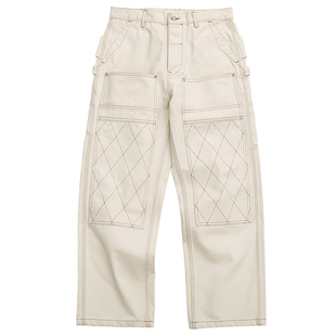 MBBCAR窄幅双膝井下工装机车赤耳丹宁阔腿裤 美式复古白色牛仔裤