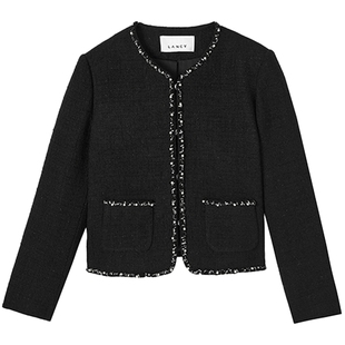 LANCY/朗姿2025秋新款法式小香风羊毛短外套圆领黑色粗花呢上衣女