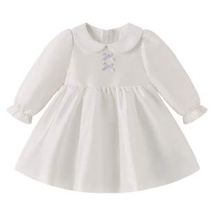 [7A抑菌]女童连衣裙春季儿童长袖公主裙女宝周岁礼裙宝宝白色礼服