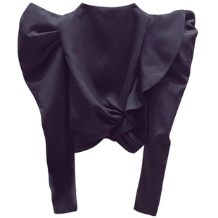 设计心机上衣女2025春秋新款设计感荷叶边皱褶修身短款泡泡袖衬衫