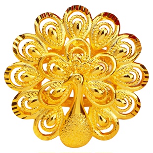 新中式仿金色孔雀开屏戒指女款复古高级感开口指环新娘婚庆首饰