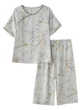 女竹纤维棉国风短袖七分裤家居服