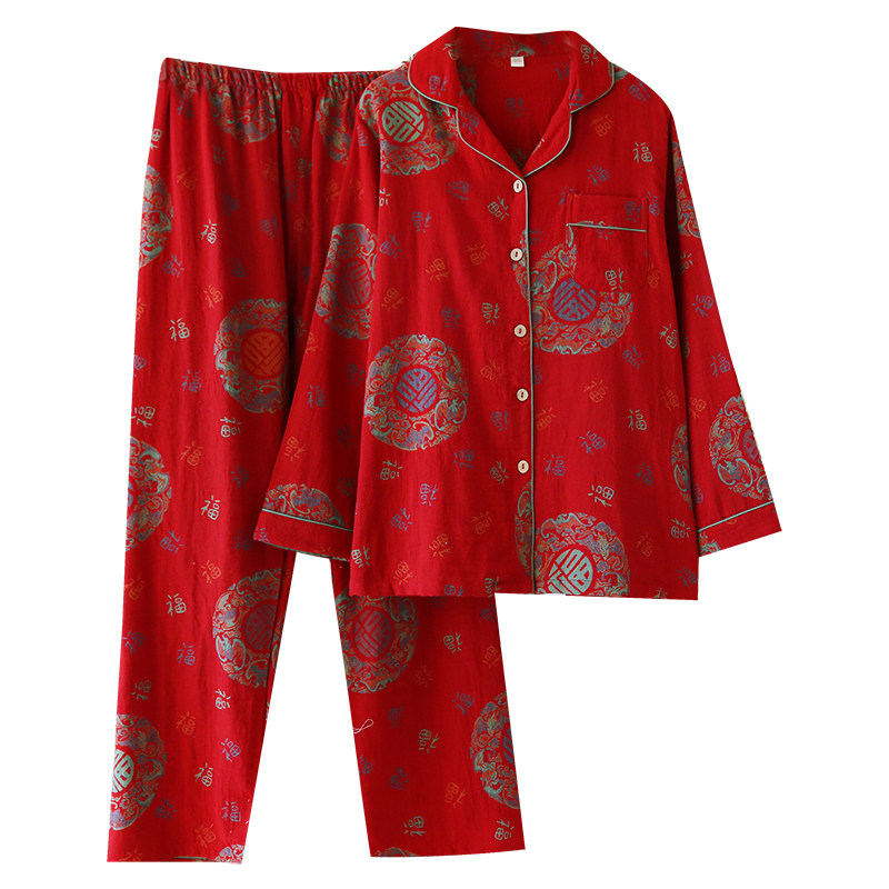 新中式红色纯棉睡衣女春秋夏天薄款全棉长袖家居服中老年妈妈套装