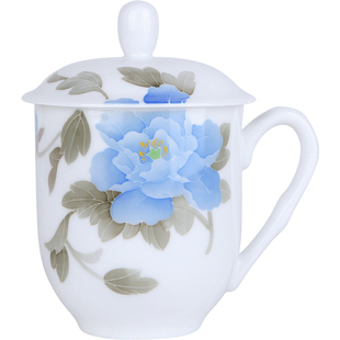 釉下彩手绘陶瓷杯带盖家用大容量茶杯办公老板杯600ML会客伴手礼