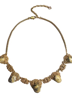 欧美宫廷复古vintage气质做旧花纹天然石树叶花朵短款项链耳环女