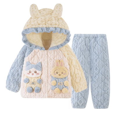 儿童睡衣秋冬加厚保暖三层夹棉珊瑚绒女童装可外穿家居服母女套装