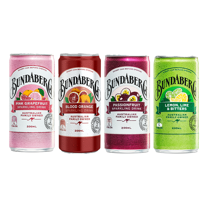 澳洲宾得宝Bundaberg进口百香果血橙果汁气泡水汽水饮料200ml*6罐
