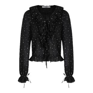 范洛Fano 俏皮波点印花浪漫荷叶边造型感灯笼袖V领衬衫女上衣夏季