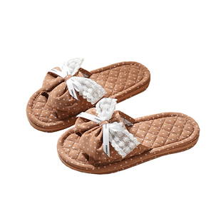 新款布艺居家韩系软布底蝴蝶结女三层布底静音无声家居室内拖鞋