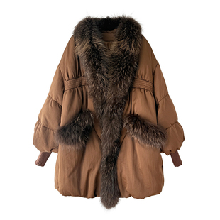 貉子毛领皮草羽绒服女长款2024冬季高级感白鹅绒服宽松显瘦设计款