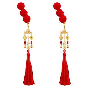 古风秋冬红色毛球发夹可爱铜钱长流苏对夹汉服新年喜庆写真头饰女