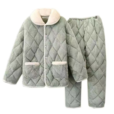 冬季珊瑚绒夹棉睡衣三层加厚女