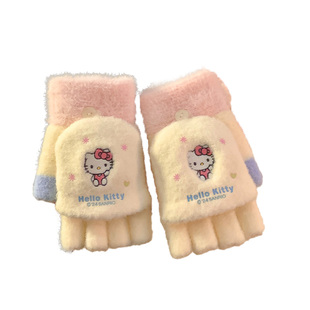 HelloKitty针织手套可爱女生冬季骑行保暖五指毛线可触屏防寒毛绒