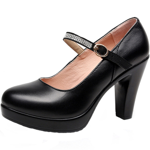 真皮浅口圆头高跟鞋水钻一字扣单鞋T台走秀模特鞋粗跟防水台女鞋