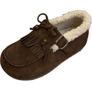 豆豆鞋女2025新款全包真皮加绒保暖一脚蹬懒人流苏毛毛勃肯鞋瓢鞋