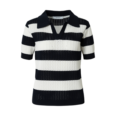 RPB BRAND复古条纹网眼领韩系POLO短袖针织衫女宽松镂空V领上衣