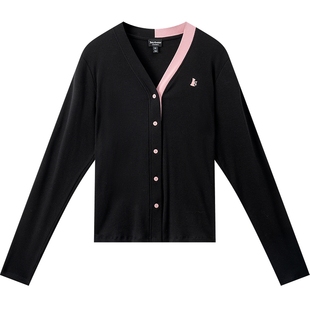 Juicy Couture橘滋针织衫女撞色拼接V领黑色开衫气质毛衣上衣