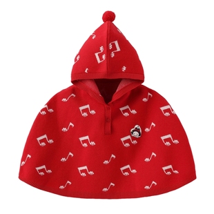 阿路和如女童2025新款针织毛衣秋冬女宝宝甜美斗篷连帽红色外套