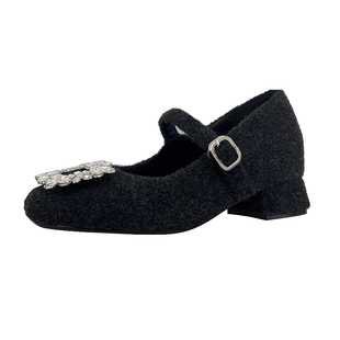 内增高玛丽珍鞋水钻黑色加绒单鞋女2025秋冬晚晚风毛毛鞋女冬外穿