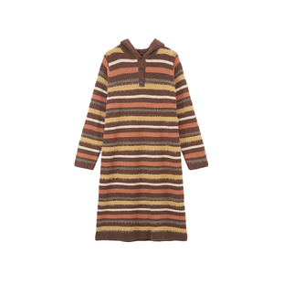 吴童自制 撞色条纹卫衣连帽连衣裙女秋冬韩系直筒宽松长款毛衣裙