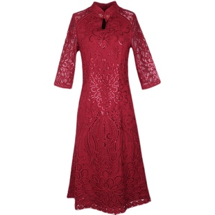 中年女士喜婆婆旗袍裙春婚礼妈妈装礼服岳母婚宴装高贵大气连衣裙