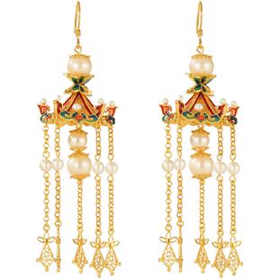 宫灯藻井银鎏金珍珠耳坠非遗花丝珐琅云亭宫阙新中式流苏长款耳环