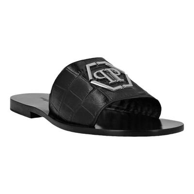 PhilippPlein男鞋金属标徽黑色小牛皮平底休闲凉拖鞋