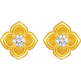 潮宏基招财小金花四叶草黄18K金钻石耳钉耳饰高级送女友生日礼物