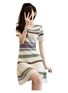 小香风拼色修身显瘦圆领短袖裙子