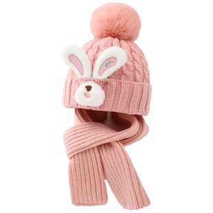 冬季儿童帽子围巾两件套可爱兔子针织毛线宝宝套头帽保暖男童女童