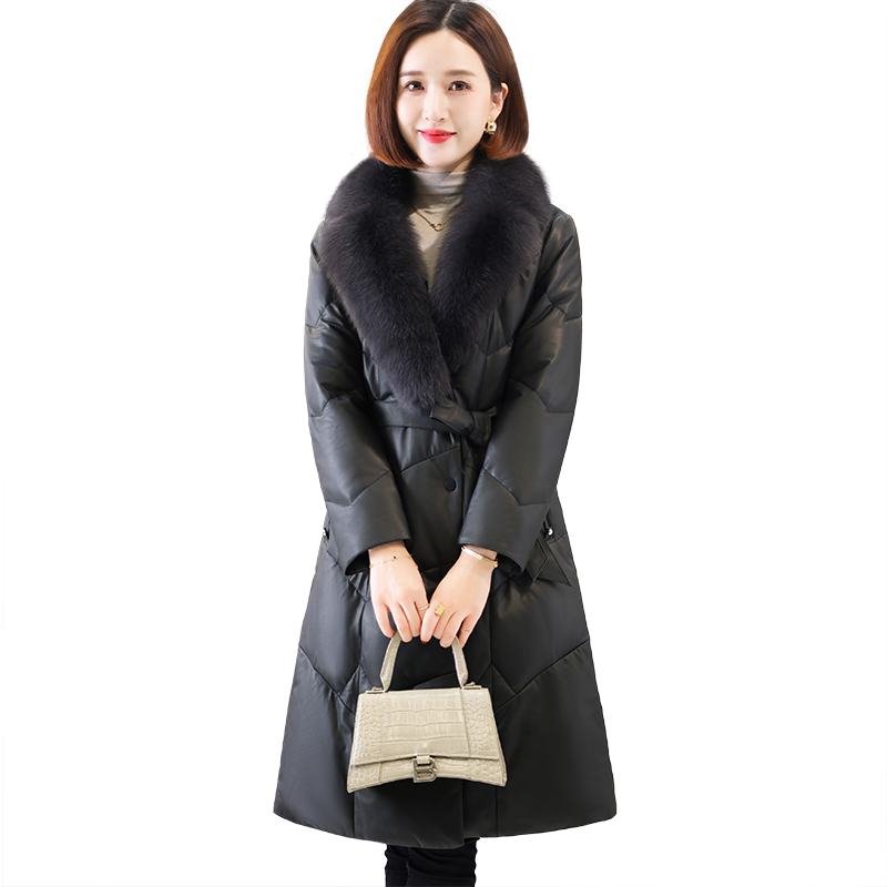 真皮羽绒服女中长款2025冬新狐狸毛领西装领名媛海宁绵羊皮衣外套