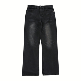 男笙 韩系秋冬季2021M直筒A字牛仔裤男阔腿宽松黑灰水洗牛仔裤男