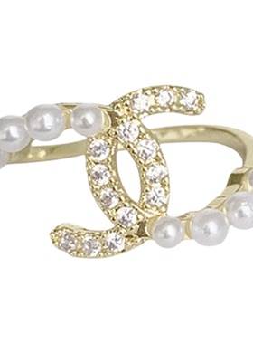 韩国双C戒指珍珠女锆石开口指环2026新款ins小香风小众设计高级感